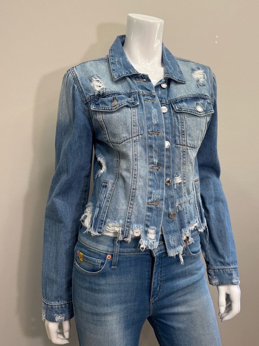 C’EST TOI Tricot Distressed Cropped Denim Jean Jacket Raw Hem Blue Size S